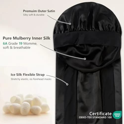 ZIMASILK Long Mulberry Silk Bonnet for Sleeping Women, Black | 19 Momme 100% Mulberry Silk, Extra-Long for Long Hair & Styles thumbnail 2