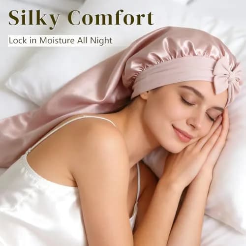 ZIMASILK Long Mulberry Silk Bonnet for Sleeping Women, Pink | 19 Momme 100% Mulberry Silk, Hypoallergenic & Durable thumbnail 5