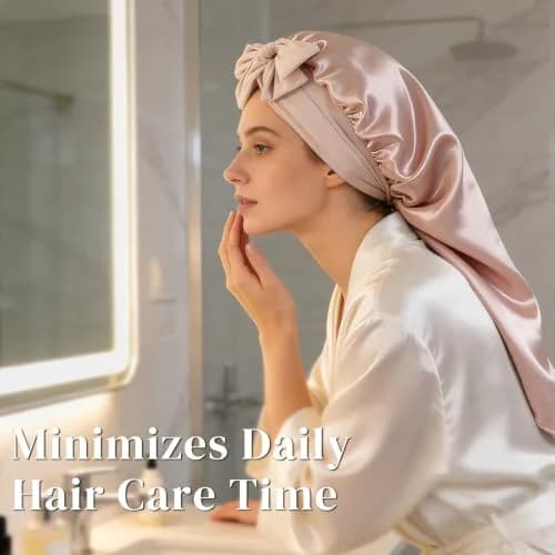 ZIMASILK Long Mulberry Silk Bonnet for Sleeping Women, Pink | 19 Momme 100% Mulberry Silk, Hypoallergenic & Durable thumbnail 6