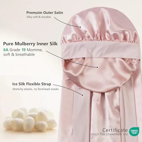 ZIMASILK Long Mulberry Silk Bonnet for Sleeping Women, Pink | 19 Momme 100% Mulberry Silk, Hypoallergenic & Durable thumbnail 2