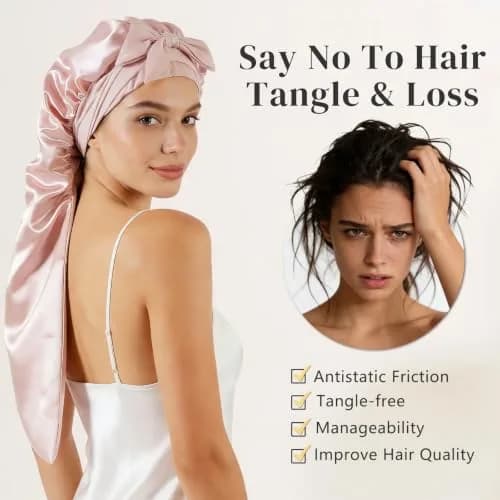 ZIMASILK Long Mulberry Silk Bonnet for Sleeping Women, Pink | 19 Momme 100% Mulberry Silk, Hypoallergenic & Durable thumbnail 3