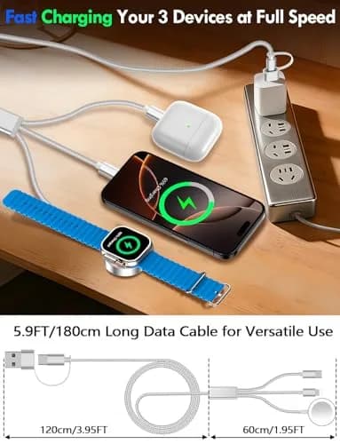 xiwxi 3-in-2 Multi Charging Cable 1.8m (6ft) | Fast Charging for Apple Watch, iPhone, USB-C Devices thumbnail 6