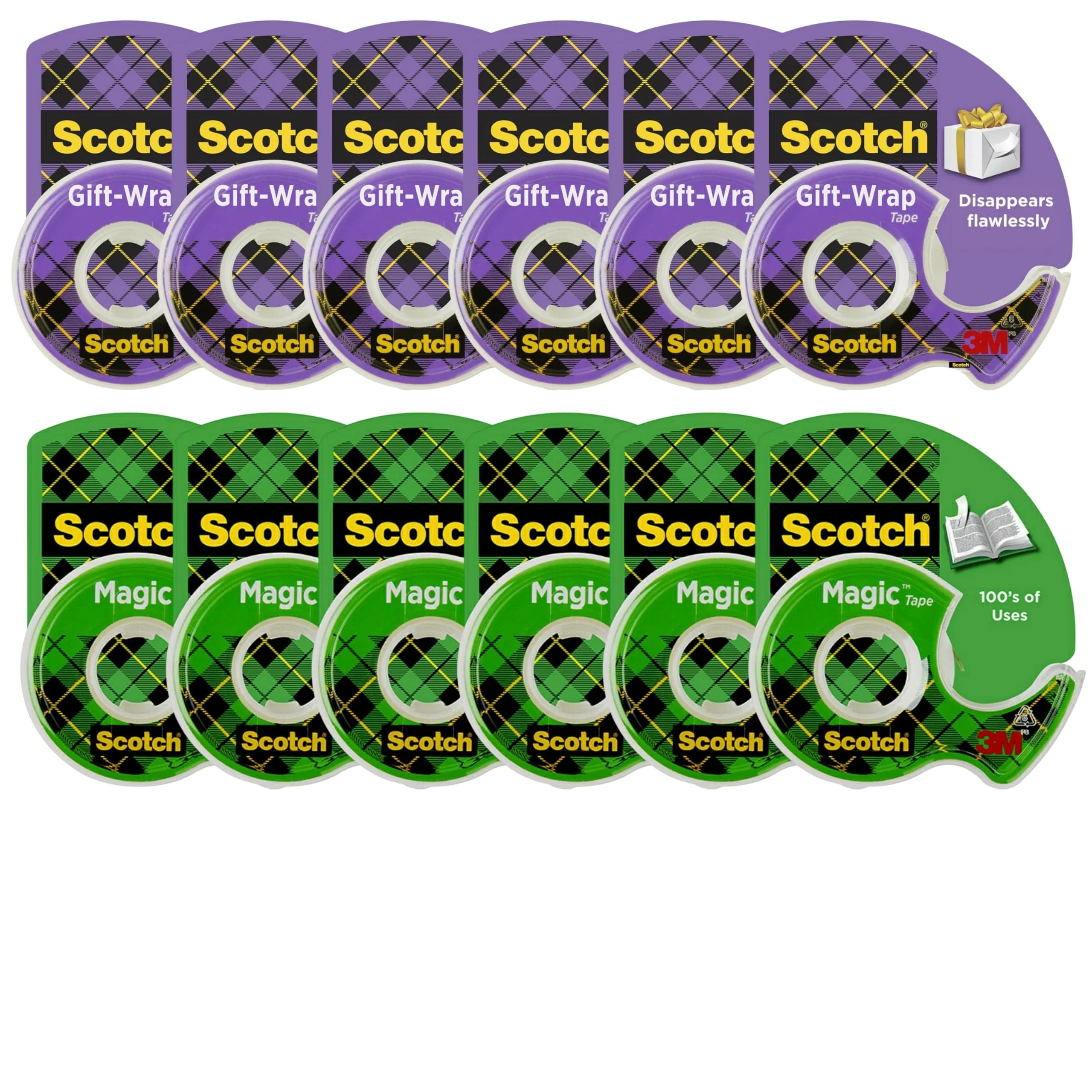 Scotch Gift Wrap Tape & Magic Tape Bundle 12 Rolls (3/4 in x 650 in Each) | USA-Sourced for India — 6 Magic Tape & 6 Gift Tape