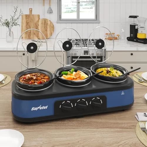 SUNVIVI Triple Slow Cooker, Buffet Server & Warmer with 3 Removable Ceramic Pots, 4.5 Quarts | 3 Adjustable Temp Settings, Stainless Steel, Blue thumbnail 1