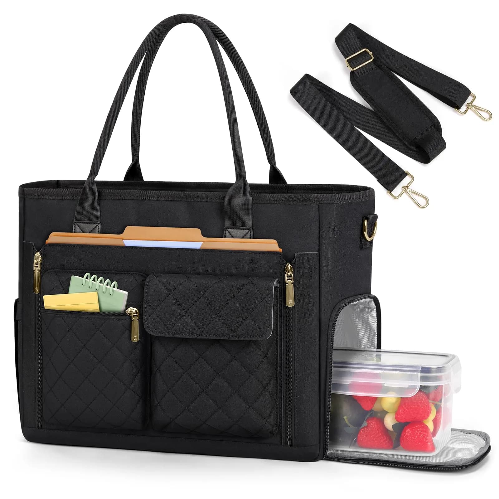 RAINSMORE Teacher Tote Bag with Lunch Compartment for Women | 15.6 inch Laptop & Insulated Side Pockets — Black