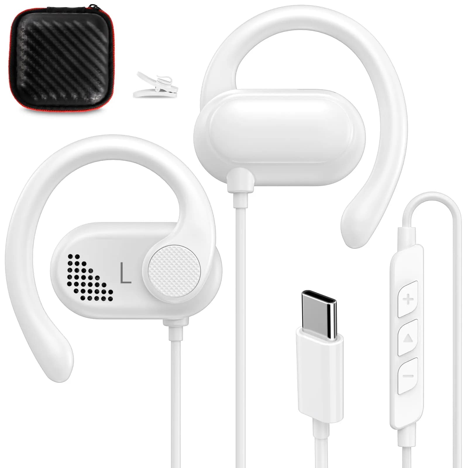 ASKUBSKU Open Ear Headphone Wired for iPhone 17 Air 16 15 Pro Max Plus/iPad | Sport & Workout Earbuds with Mic, USB-C, White - main product image