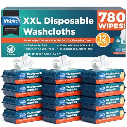 Inspire Adult Wet Wipes, Wash Cloths for Incontinence & Cleansing for Elderly, 8"x13" (780 Count) | Hypoallergenic & Fragrance-Free thumbnail 1