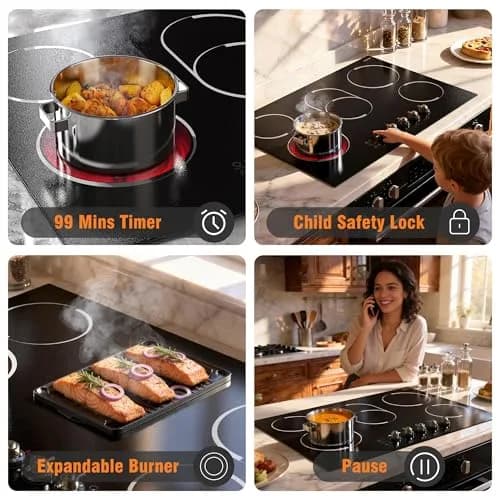 Jessier 30 Inch 8400W Electric Cooktop with 5 Burners & Dual Ring | 220V Built-In Ceramic Glass thumbnail 6