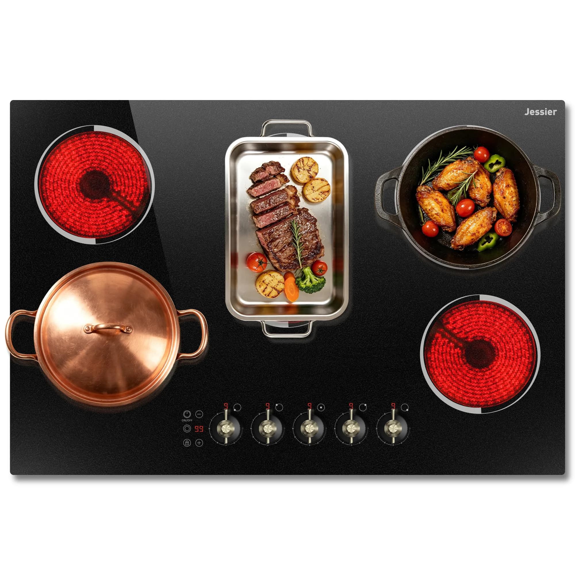 Jessier 30 Inch 8400W Electric Cooktop with 5 Burners & Dual Ring | 220V Built-In Ceramic Glass — 30 Inch D584149