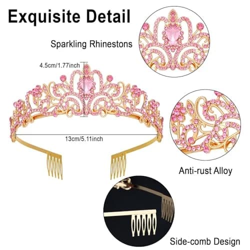 CAVETEE Pink Crystal Tiara for Women Girls | Gold Plated Princess Crown with Rhinestones, Bridal Prom Birthday Party Headpiece (1 pc) thumbnail 3