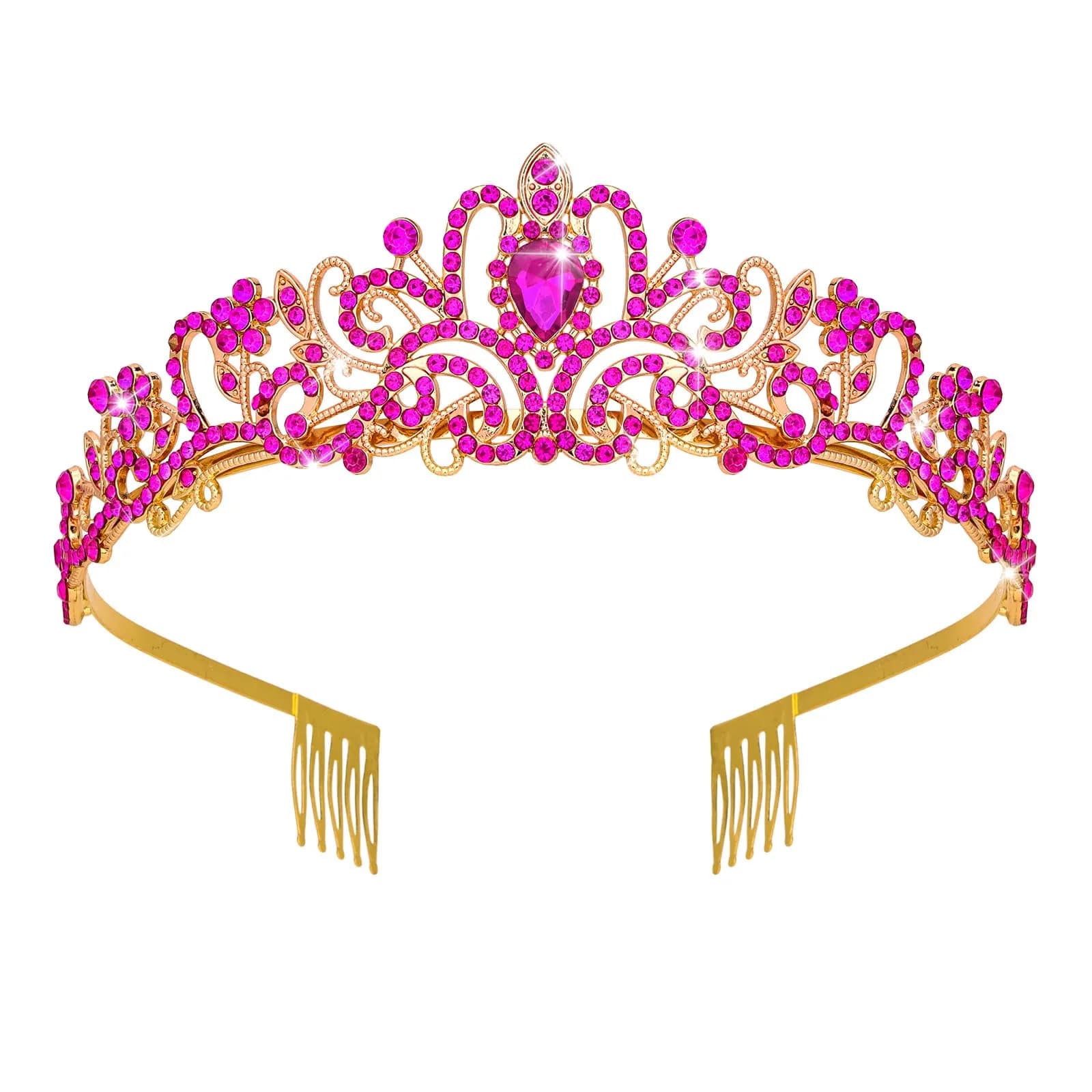 CAVETEE Pink Crystal Tiara for Women Girls | Gold Plated Princess Crown with Rhinestones, Bridal Prom Birthday Party Headpiece (1 pc) — Hot Pink / oneseize