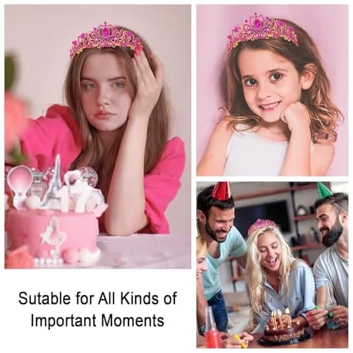 CAVETEE Hot Pink Crystal Tiara Headband for Women | Gold-Plated, Floral Pattern, One Size thumbnail 5