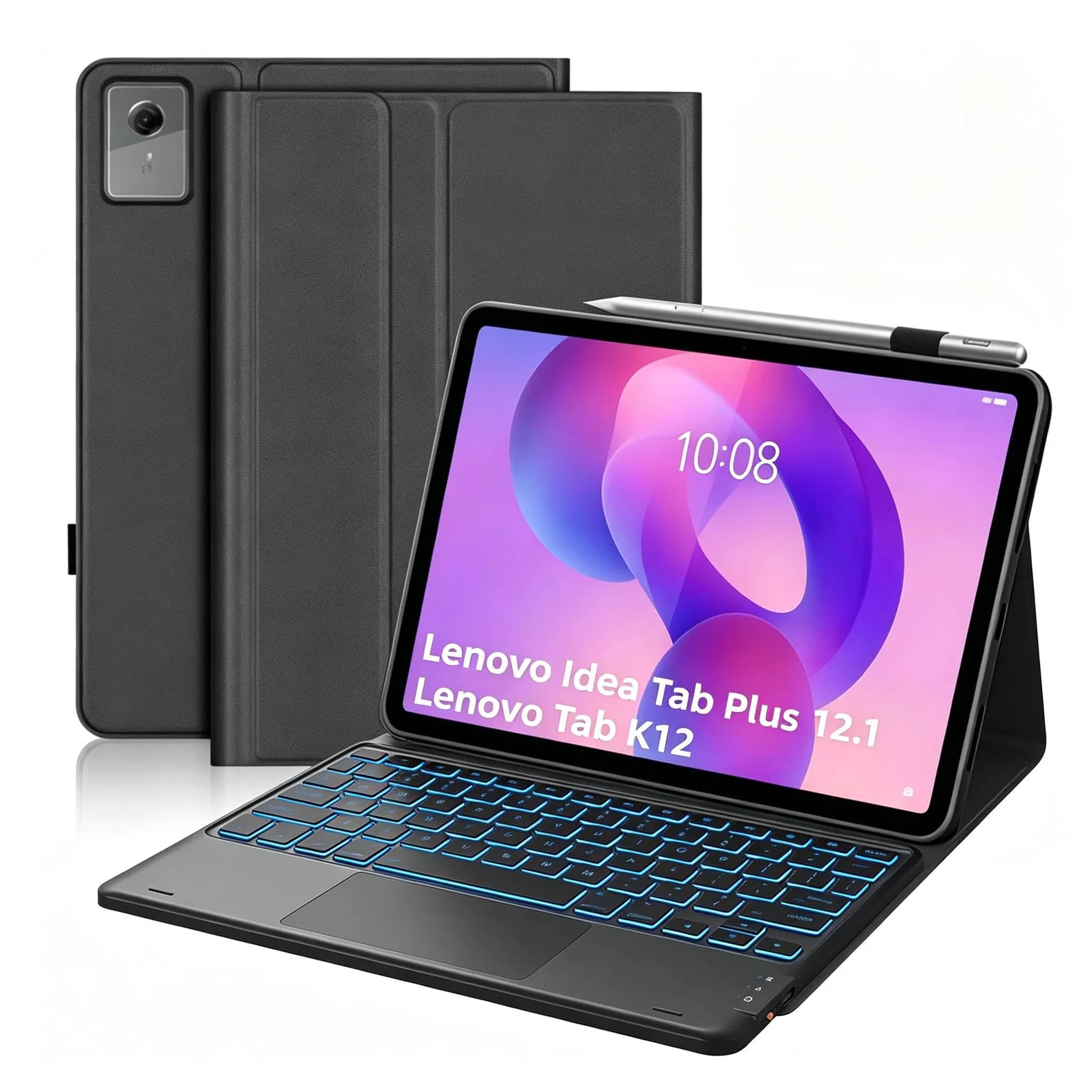 QYiiD Touchpad Keyboard Case for Lenovo Idea Tab Plus 12.1 Inch | Ultra-Thin Leather Stand Cover with 7-Color Backlit Wireless Keyboard