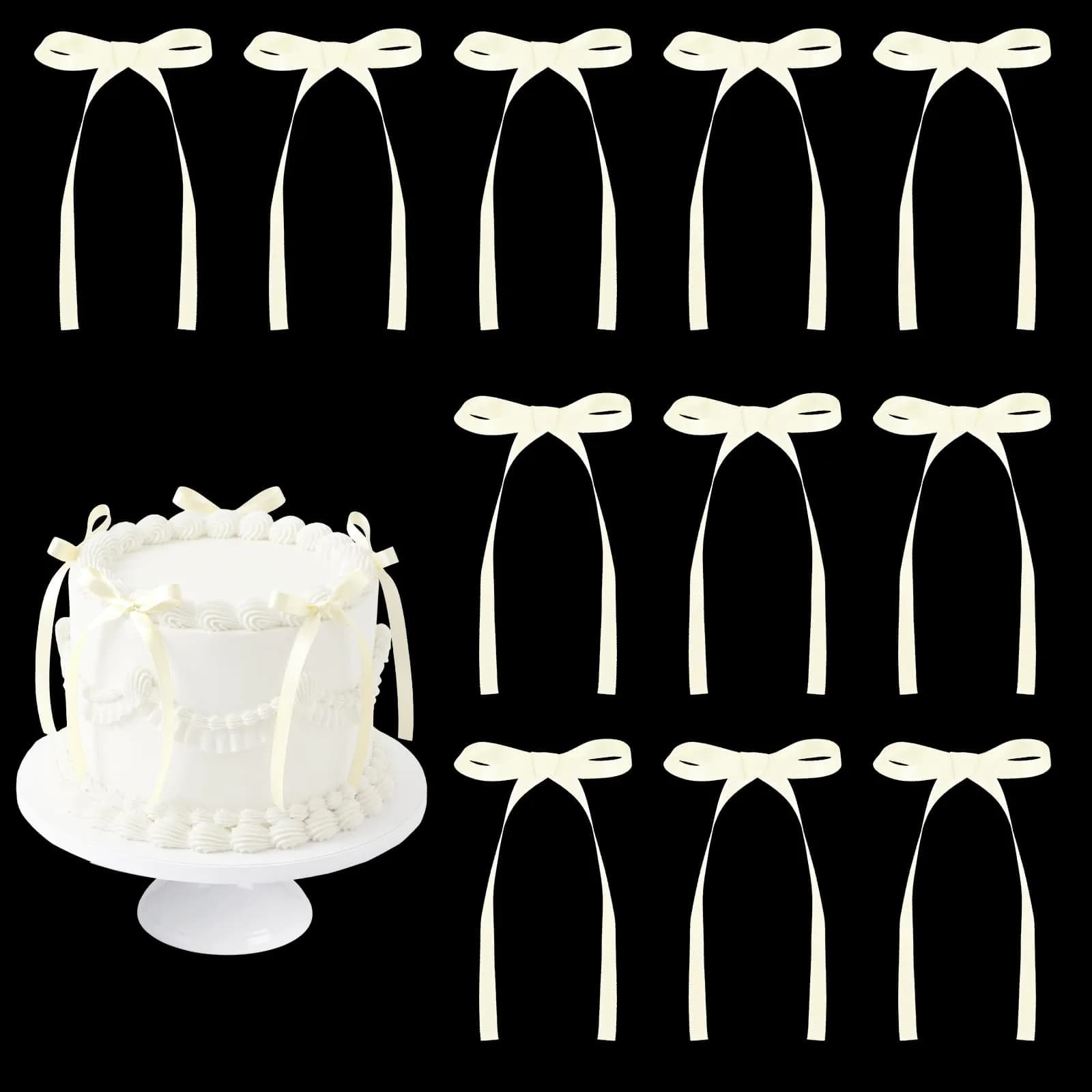 NatNarr Ivory Bow Cake Toppers 30 Pack | Handmade Polyester Ribbon for Party Decorations