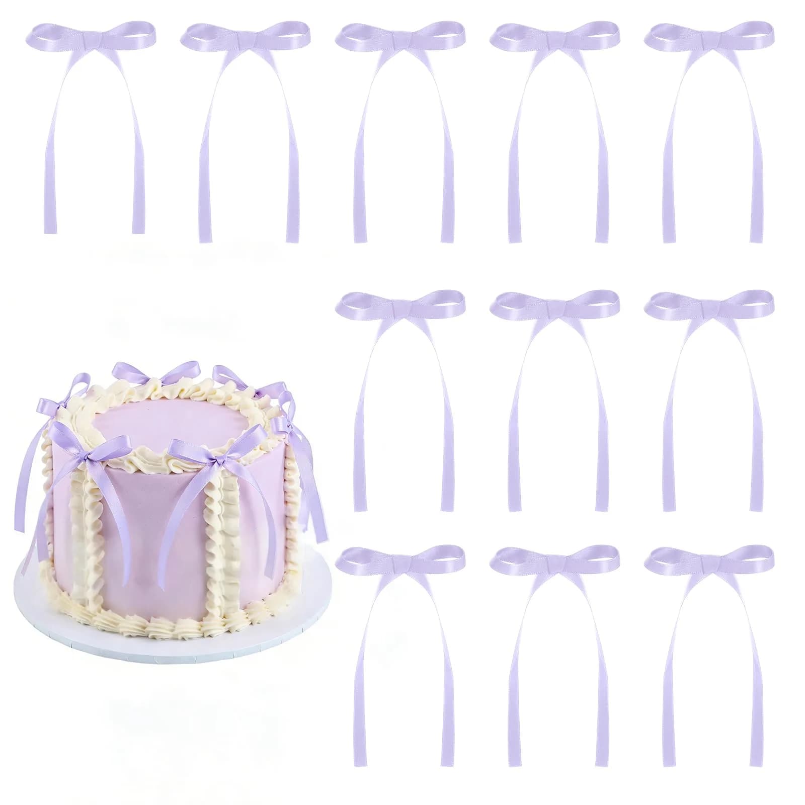 NatNarr Light Purple Bow Cake Toppers, 30 Pack Ribbon Bows for Cake Decorations | Handmade Polyester for Parties
