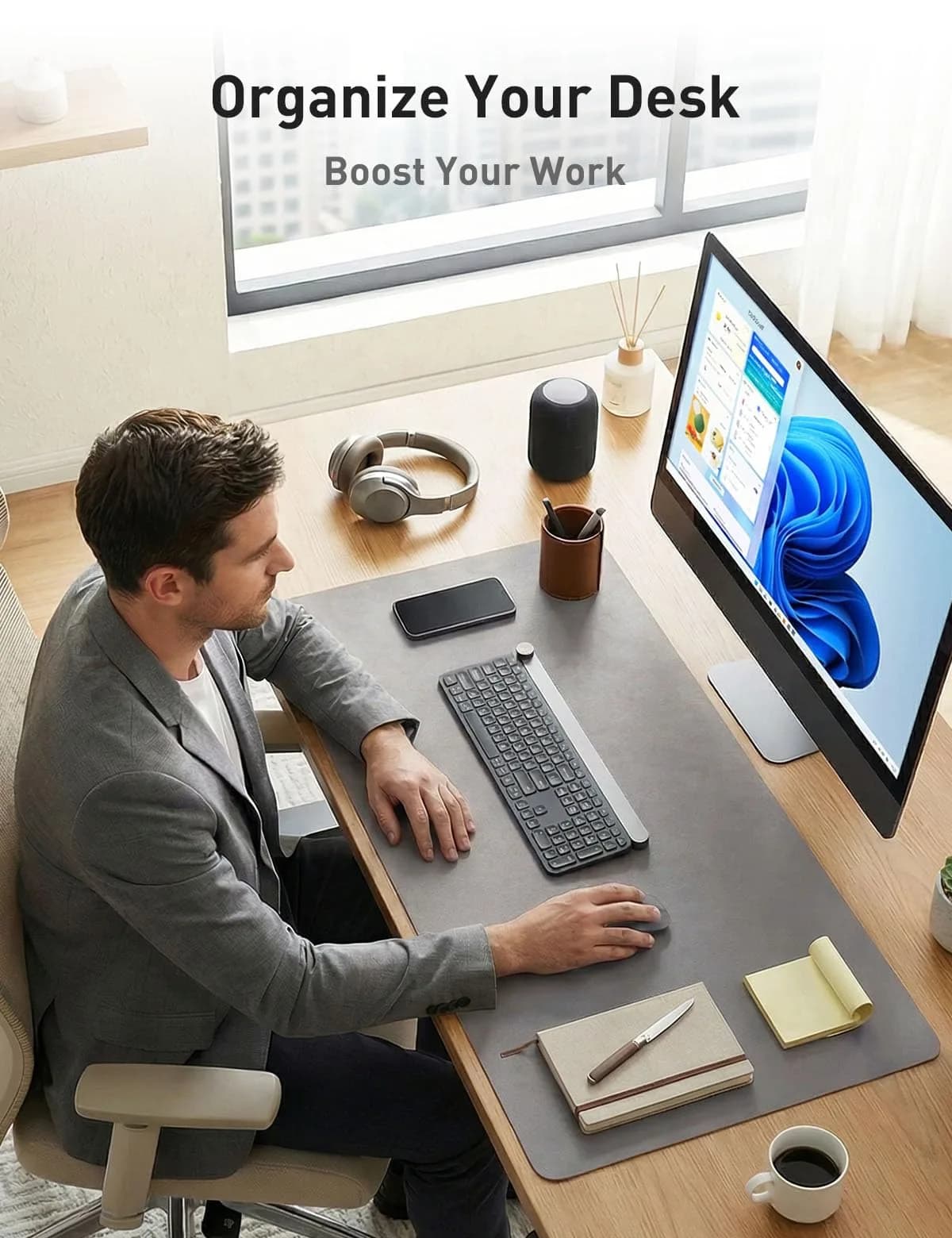 Aothia Faux Leather Desk Mat Light Grey 55" x 24" | Protects Your Desk with Professional Style thumbnail 3