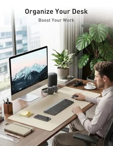 Aothia Faux Leather Desk Mat - Large Beige Blotter 140cm x 43cm (55" x 17") | Protects Desks from Scratches, Spills, and Heat thumbnail 3