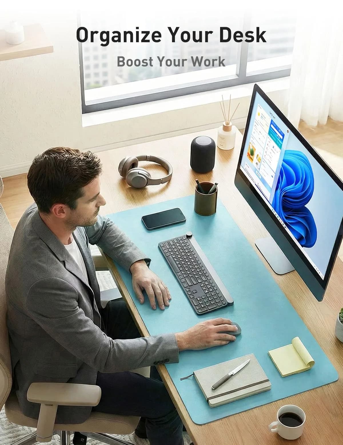 Aothia Faux Leather Desk Mat Blue Topaz 55" x 24" | Protects Your Desk from Scratches and Spills thumbnail 3