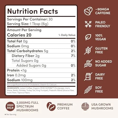 RYZE Mushroom Coffee Starter Kit Dark Roast, 252 g (8.8 oz) | 6 Adaptogenic Mushrooms, 90mg Caffeine, USA Import thumbnail 5