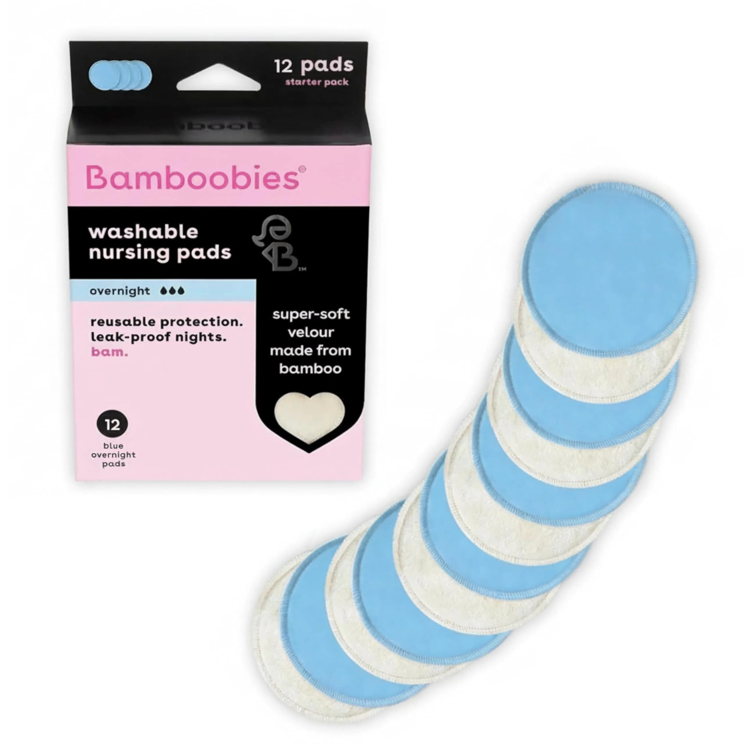 Bamboobies Soft Reusable Overnight Nursing Pads for Breastfeeding, 4 Count | Ultra-Soft Velour & Leak-Proof — 12 Pads
