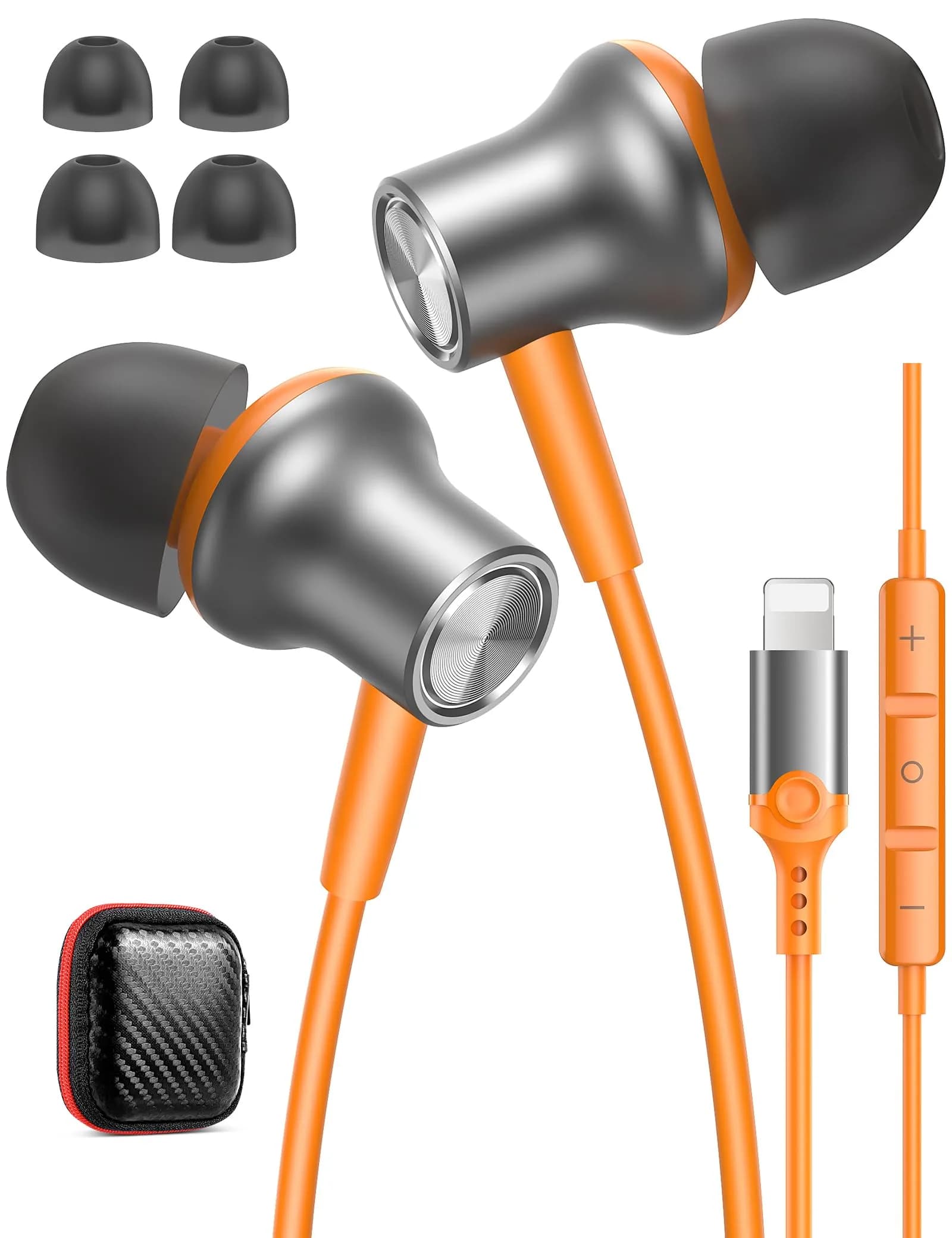 iMangoo MFi-Certified Wired Earbuds for Lightning Connector | Purple, 114dB Sensitivity — Orange
