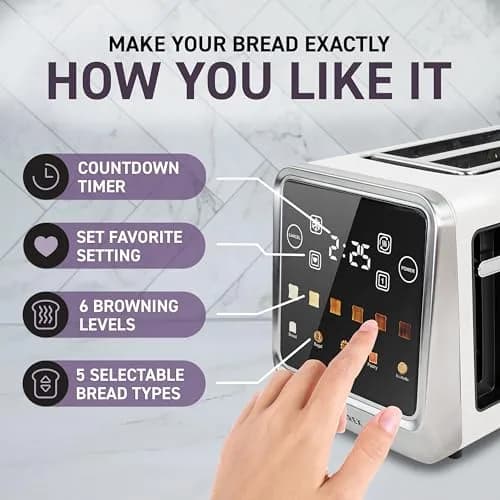 Nostalgia Inspirex Touch Screen Toaster - 4 Slice, White | 5 Bread Types & 6 Browning Levels thumbnail 5