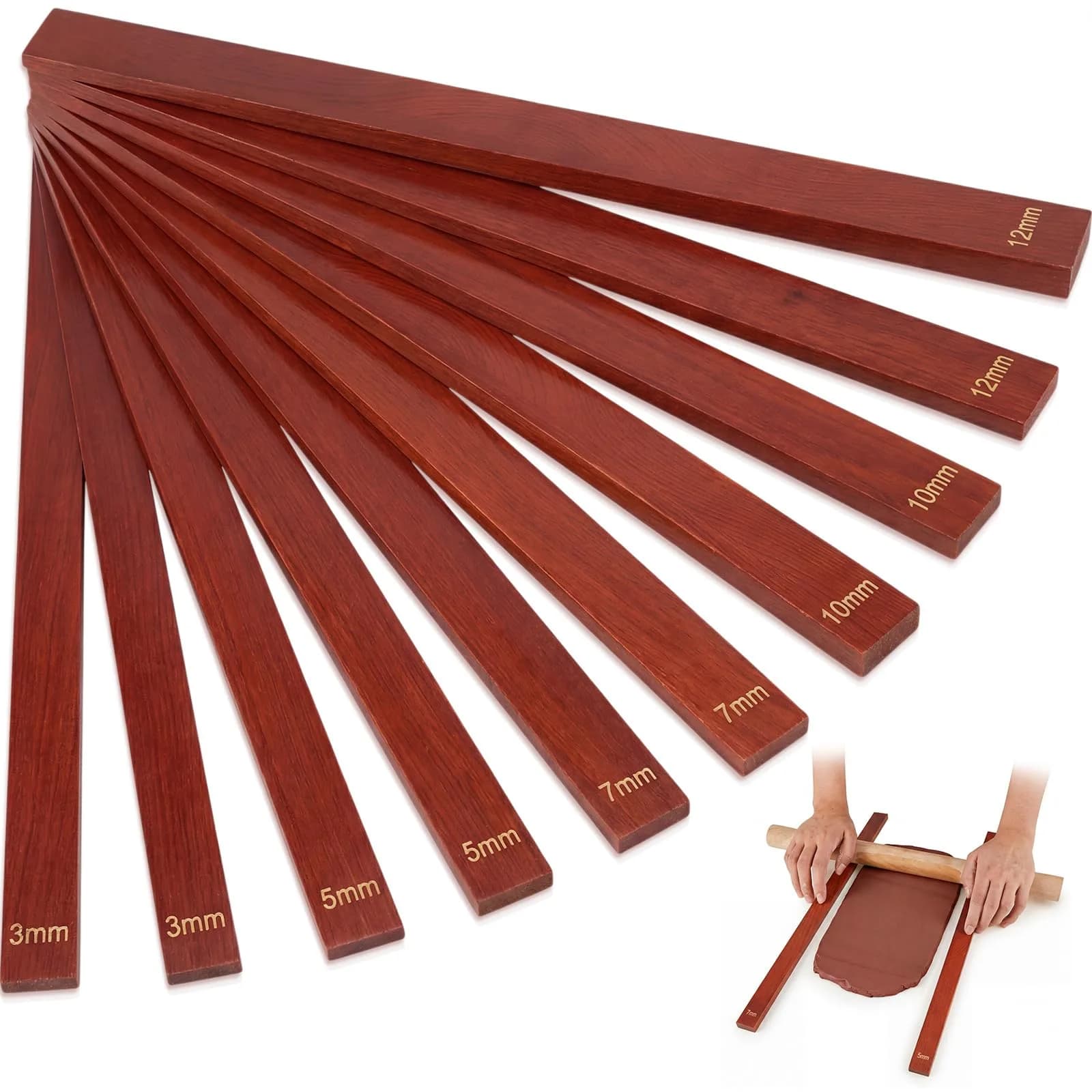 Sasylvia Reddish Brown Wood Clay Pottery Rolling Pin Guides Set (10 Pcs, 34cm / 13.4in) | 5 Thickness Sizes for Even Clay Slabs