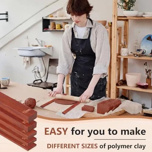 Sasylvia Reddish Brown Wood Clay Pottery Rolling Pin Guides Set (10 Pcs, 34cm / 13.4in) | 5 Thickness Sizes for Even Clay Slabs thumbnail 5