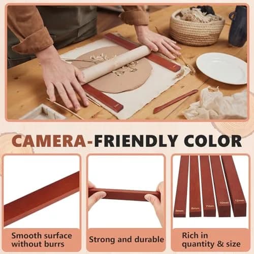 Sasylvia Reddish Brown Wood Clay Pottery Rolling Pin Guides Set (10 Pcs, 34cm / 13.4in) | 5 Thickness Sizes for Even Clay Slabs thumbnail 3
