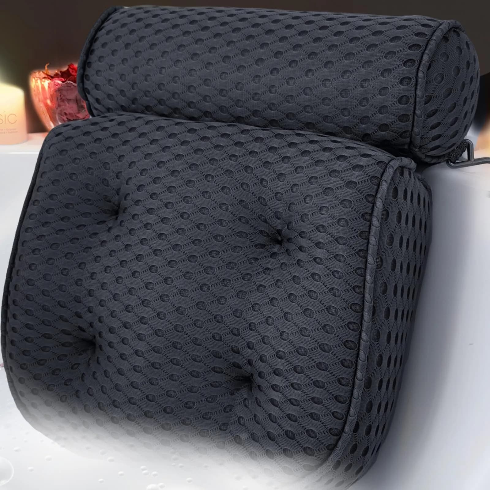 AEROiVi Luxury Bath Pillow for Tub | Soft Mesh Head and Neck Support with 6 Strong Suction Cups, White (1 Count) — Black