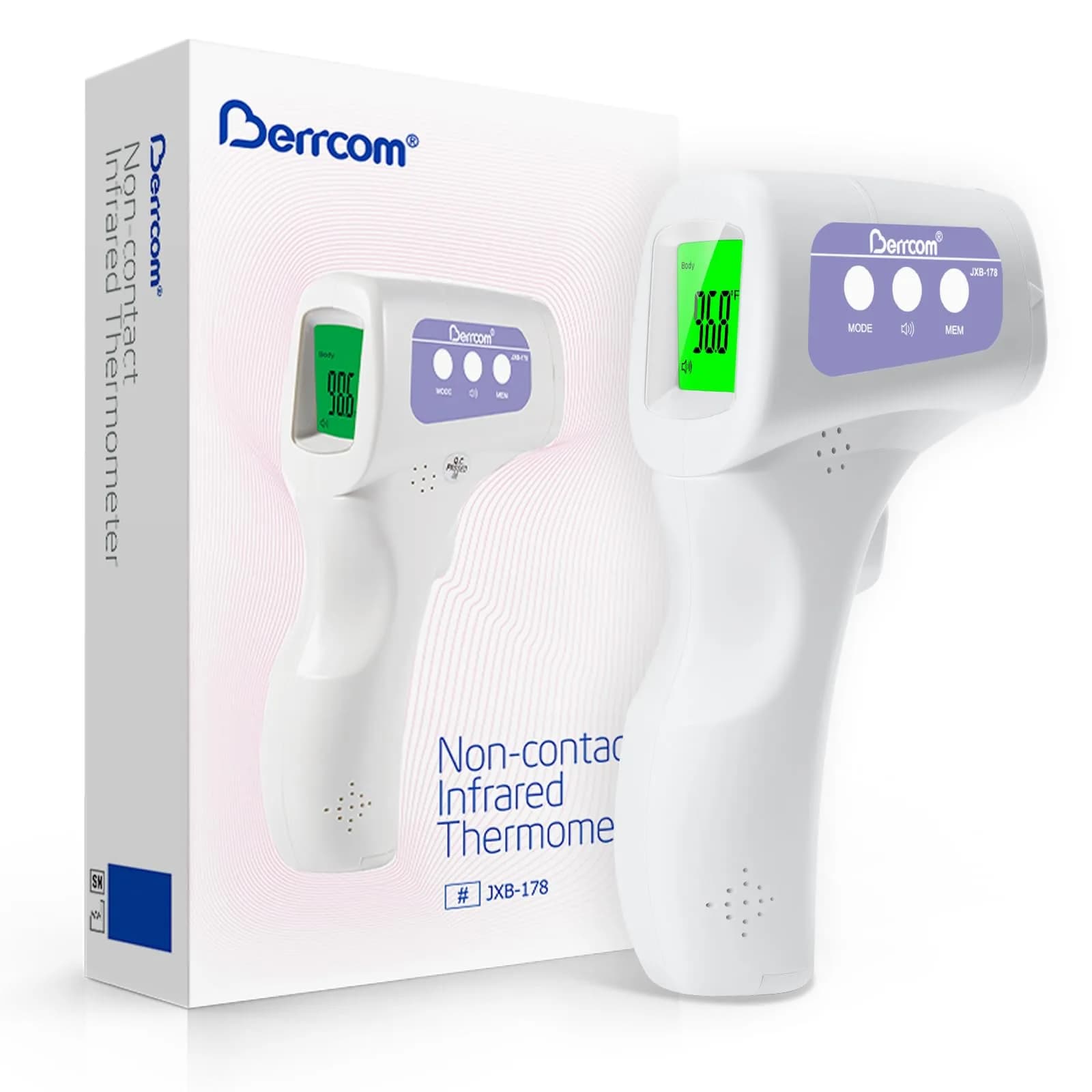 Berrcom Dual Probe No Touch Forehead Thermometer Fever Alarm All Ages | Infrared, 3-5cm, 32-42.9°C — purple