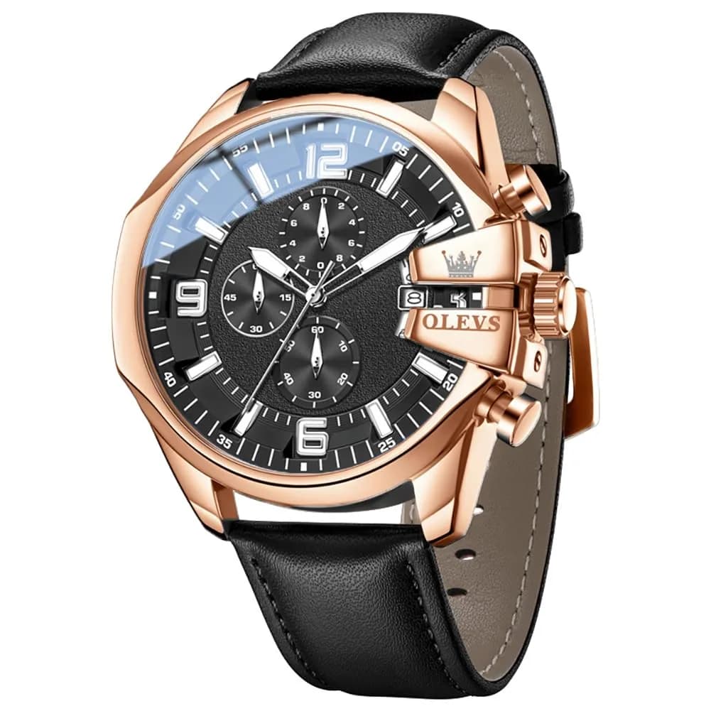 OLEVS Men's 47mm Quartz Chronograph Watch, Blue Dial, Blue Leather Strap | Oversized 47mm Dial, Water-Resistant, Classic Style — 3251:Rose Gold Black