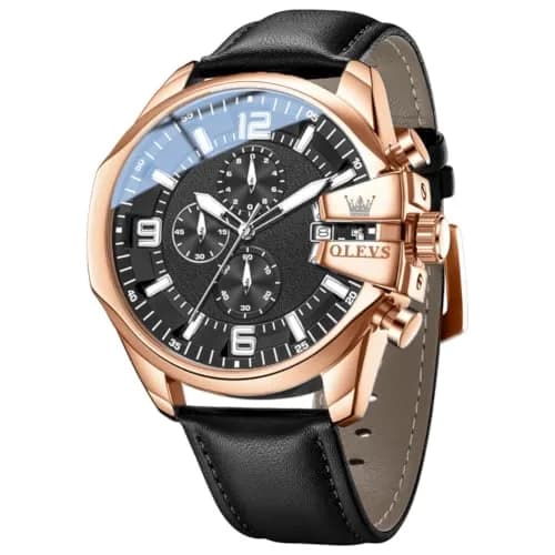 OLEVS Men's Automatic Watch Big Face 50mm (1.97in) Rose Gold Black | Precision Chronograph with Leather Strap thumbnail 1