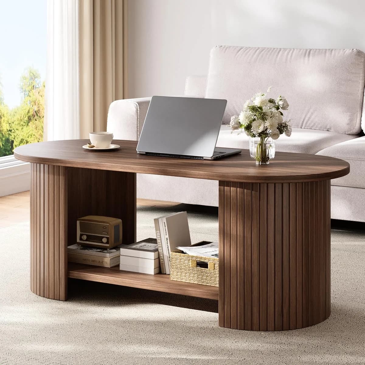 OneBlis 42" Oval Fluted Coffee Table | 2-Tier Storage, Walnut, Modern Design - main product image