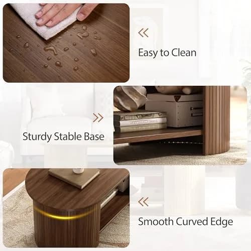 OneBlis 42" Oval Fluted Coffee Table | 2-Tier Storage, Walnut, Modern Design thumbnail 4