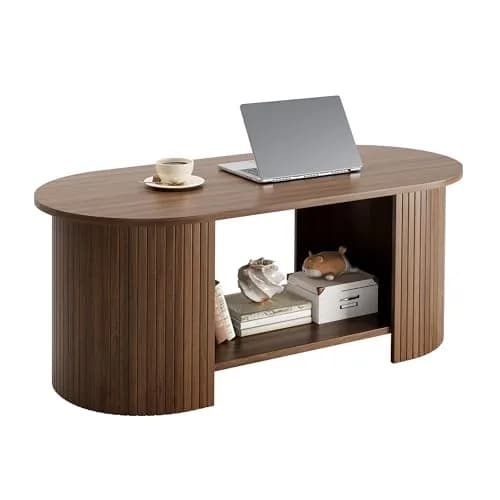 OneBlis 42" Oval Fluted Coffee Table | 2-Tier Storage, Walnut, Modern Design thumbnail 7