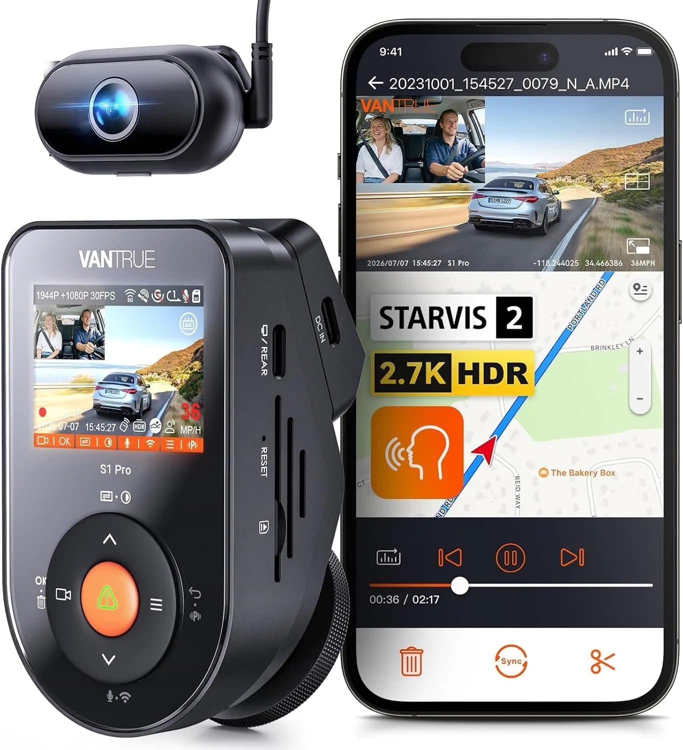 VANTRUE S1 Pro 2-Channel Dash Cam 1440P + 1080P | STARVIS 2 Night Vision, GPS, WiFi, AI Safety — S1 PRO-2CH DMS