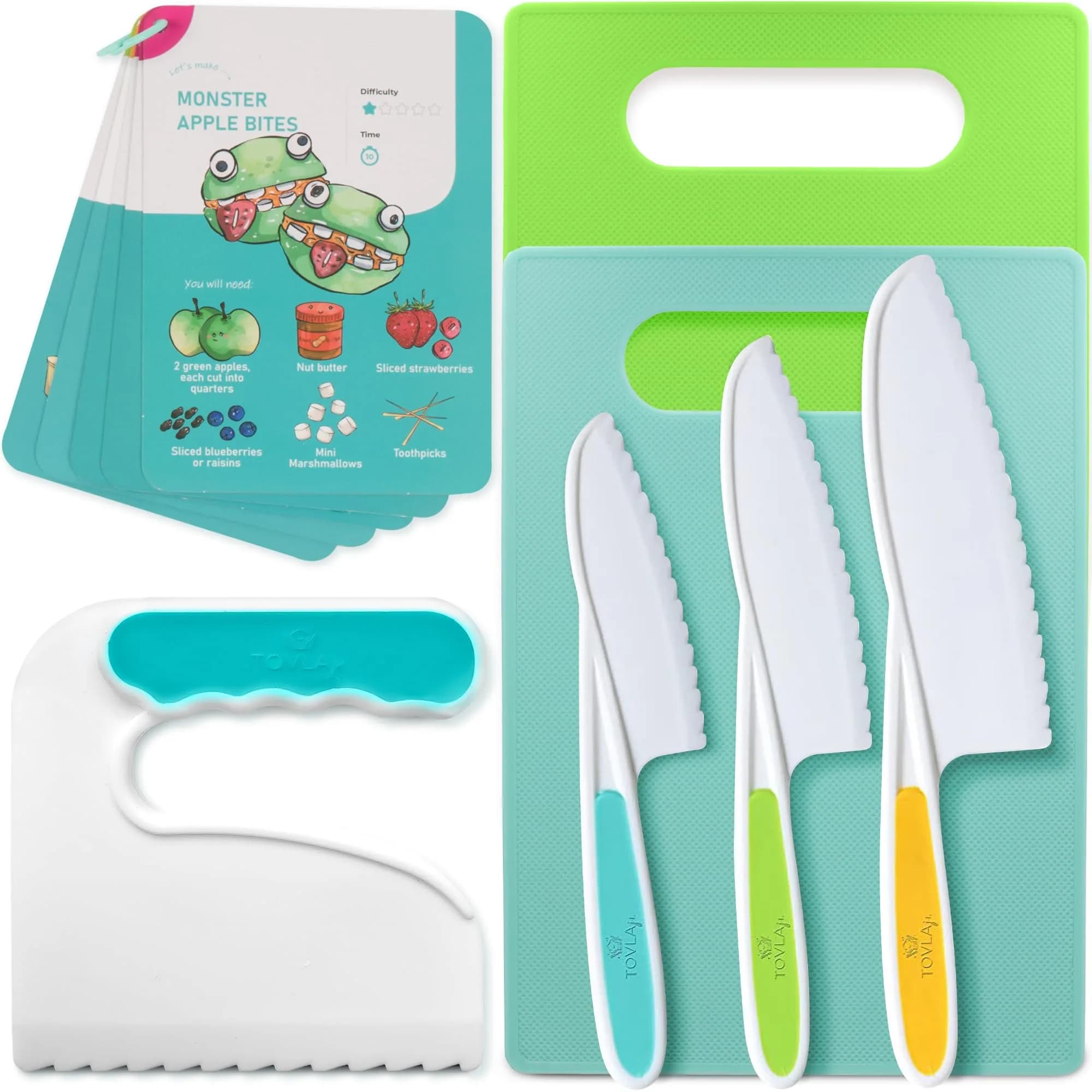 Tovla Jr. Kid Safe Knife Set for Real Cooking | Toddler Knives | Ages 4-12 | 3-Piece Set, 28cm (11 inches) — Multi-Green Knife Set