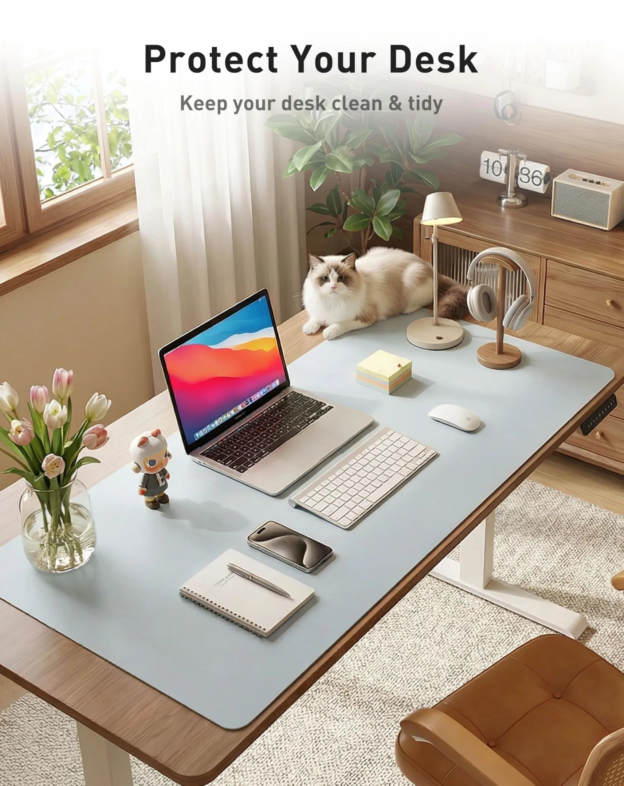 Aothia Faux Leather Desk Mat Baby Blue 42" x 17" | Protects Your Desk with Style thumbnail 3