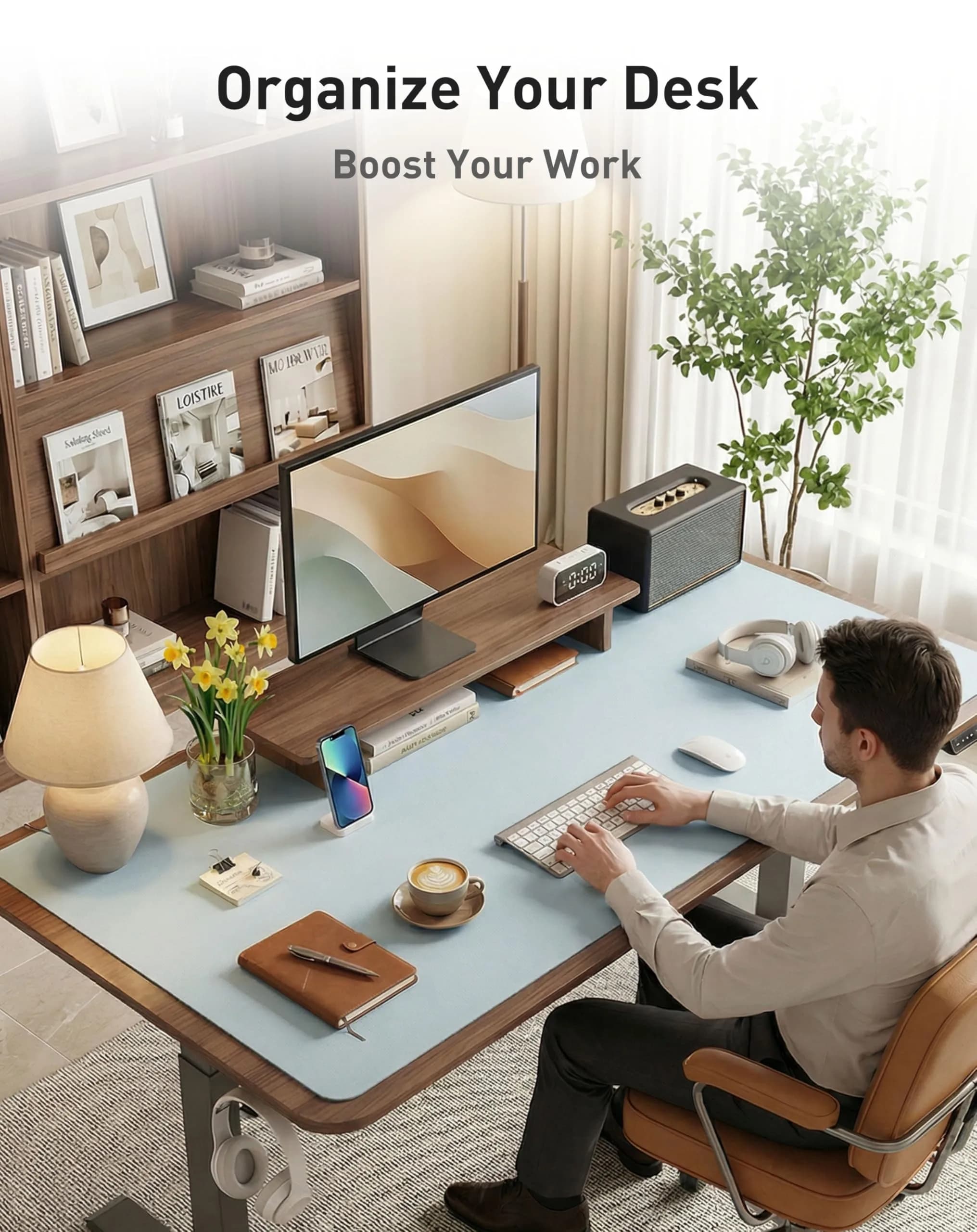 Aothia Faux Leather Desk Mat Baby Blue 42" x 17" | Protects Your Desk with Style thumbnail 8