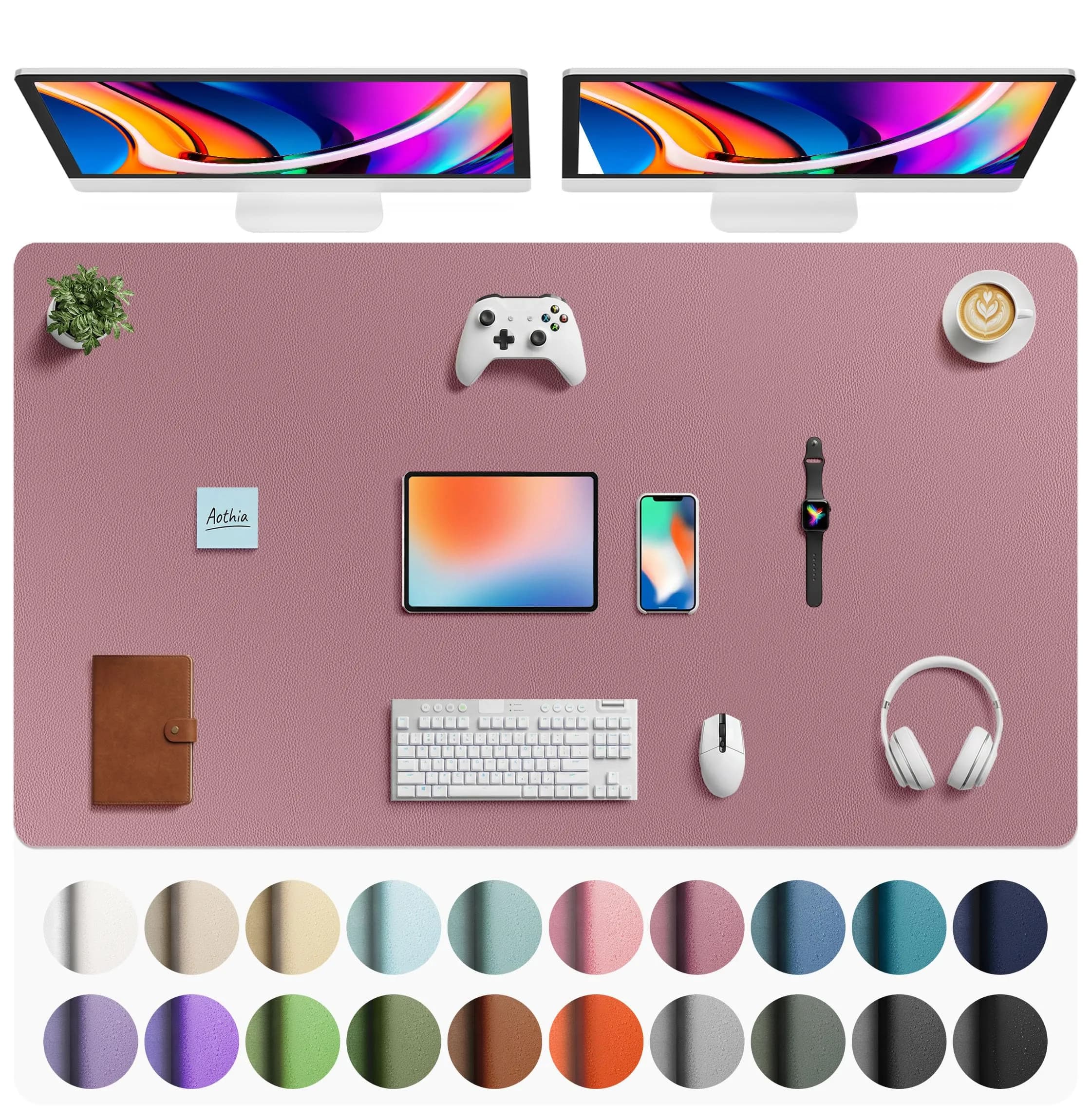 Aothia Faux Leather Desk Mat Large Mouse Pad 156cm x 60cm (63" x 24") | Waterproof Writing Surface for Office and Home — Dark Pink
