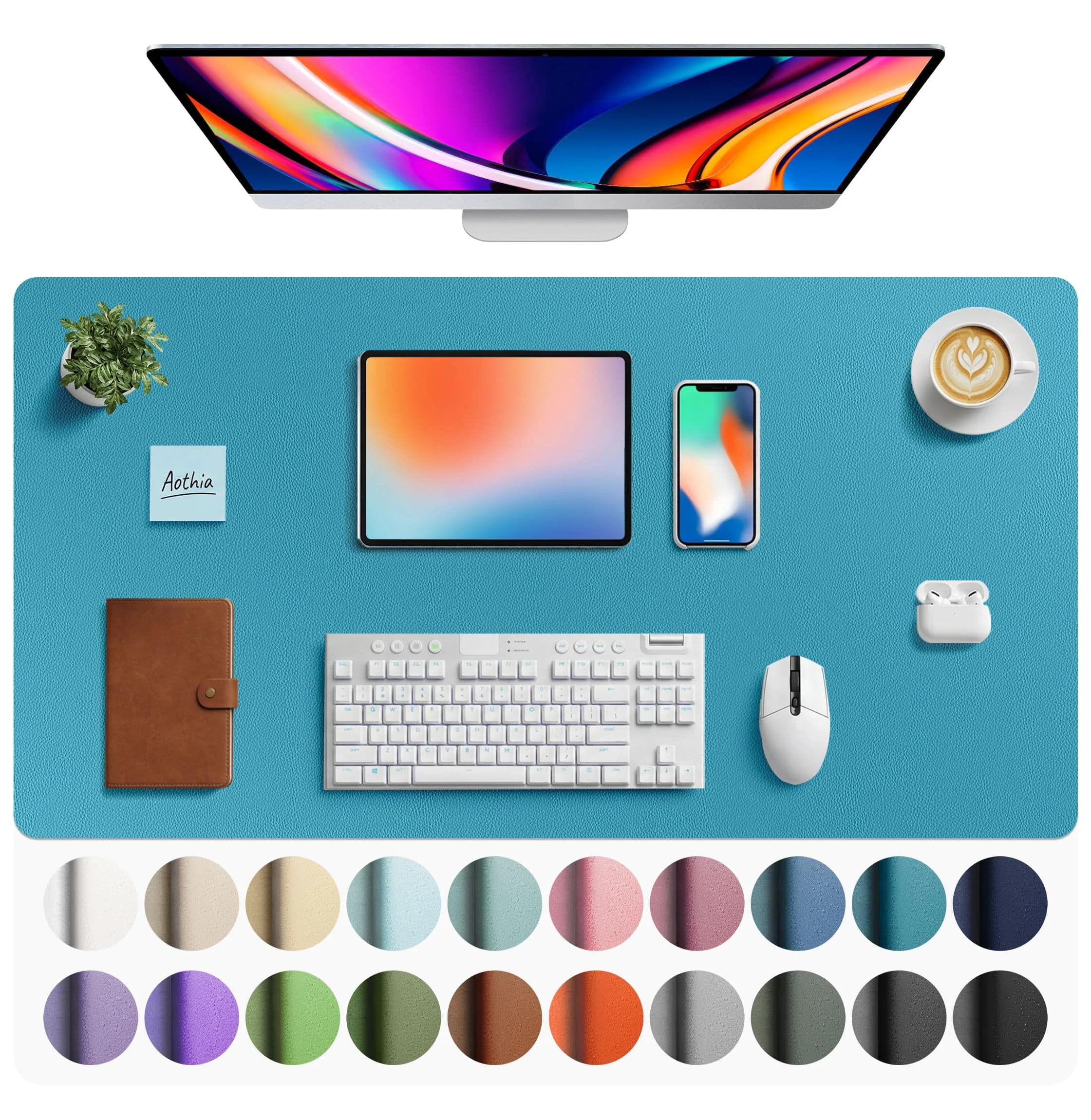 Aothia Faux Leather Desk Mat 102cm x 61cm (40" x 24") | Smooth PU Leather Writing Surface for Office and Home — Turquoise