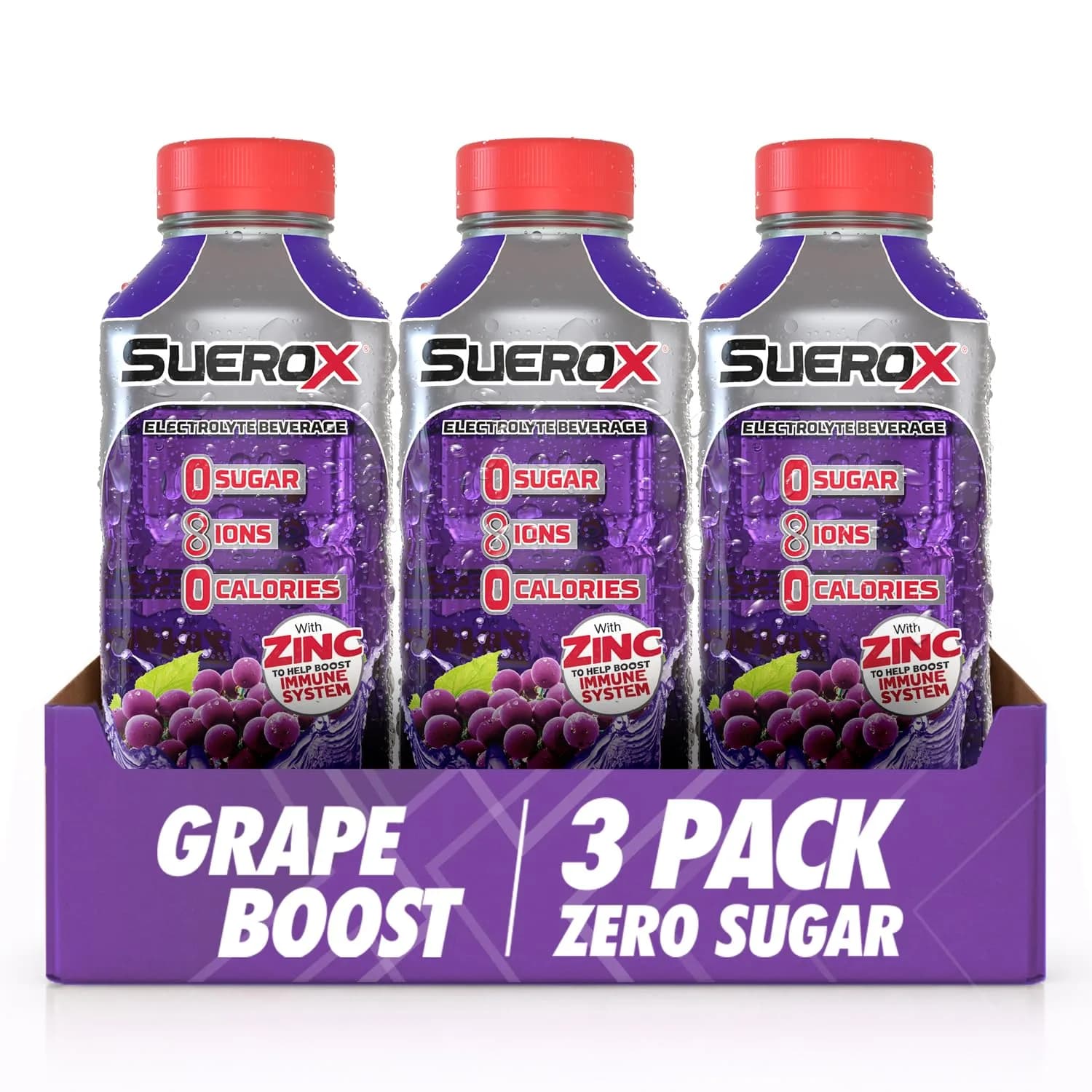 SueroX Sugar Free Electrolyte Drink, Grape Boost | Zero Sugar, Hydration & Recovery (21.3 Fl Oz, 3 Pack)