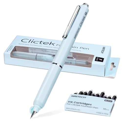 WRITECH Clictek Retractable Fountain Pen Fine Nib with 10 Black Ink Cartridges, 0.5mm Line Size | Smooth Writing for Students & Professionals thumbnail 1