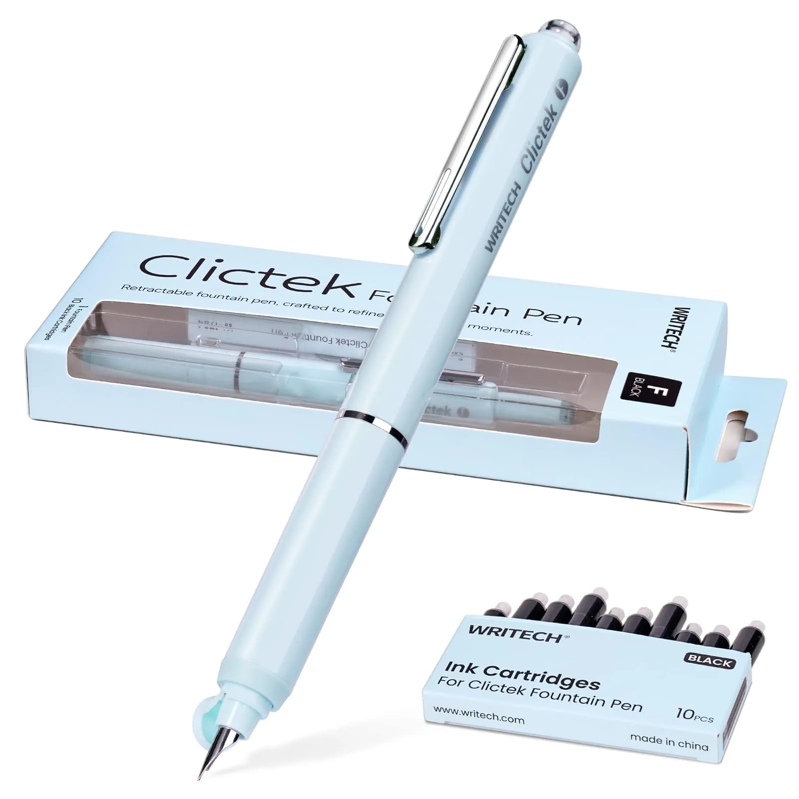 WRITECH Clictek Retractable Fountain Pen Fine Nib with 10 Black Ink Cartridges, 0.5mm Line Size | Smooth Writing for Students & Professionals — Blue