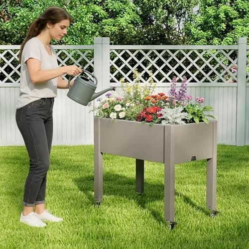 WTFGO Elevated Raised Garden Bed with Wheels, Planter Box, Gray-26.3" h | Weather-Resistant Resin Design thumbnail 6