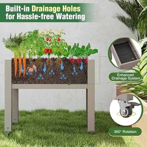 WTFGO Elevated Raised Garden Bed with Wheels, Planter Box, Gray-26.3" h | Weather-Resistant Resin Design thumbnail 3