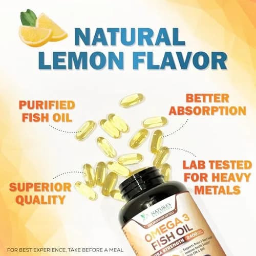 Nature's Nutrition Omega 3 Fish Oil 2400mg | Triple Strength Daily Supplement with EPA & DHA, Wild Caught, Lemon Flavor, 240 Softgels thumbnail 7