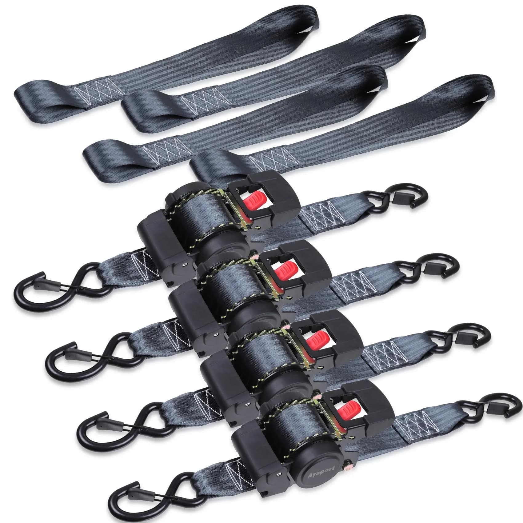 Ayaport Retractable Ratchet Straps 1in x 12.5ft (3.81m) – 4 Pack, 1200lbs Break Strength, Self-Retracting Tie-Downs with S-Hooks — Black
