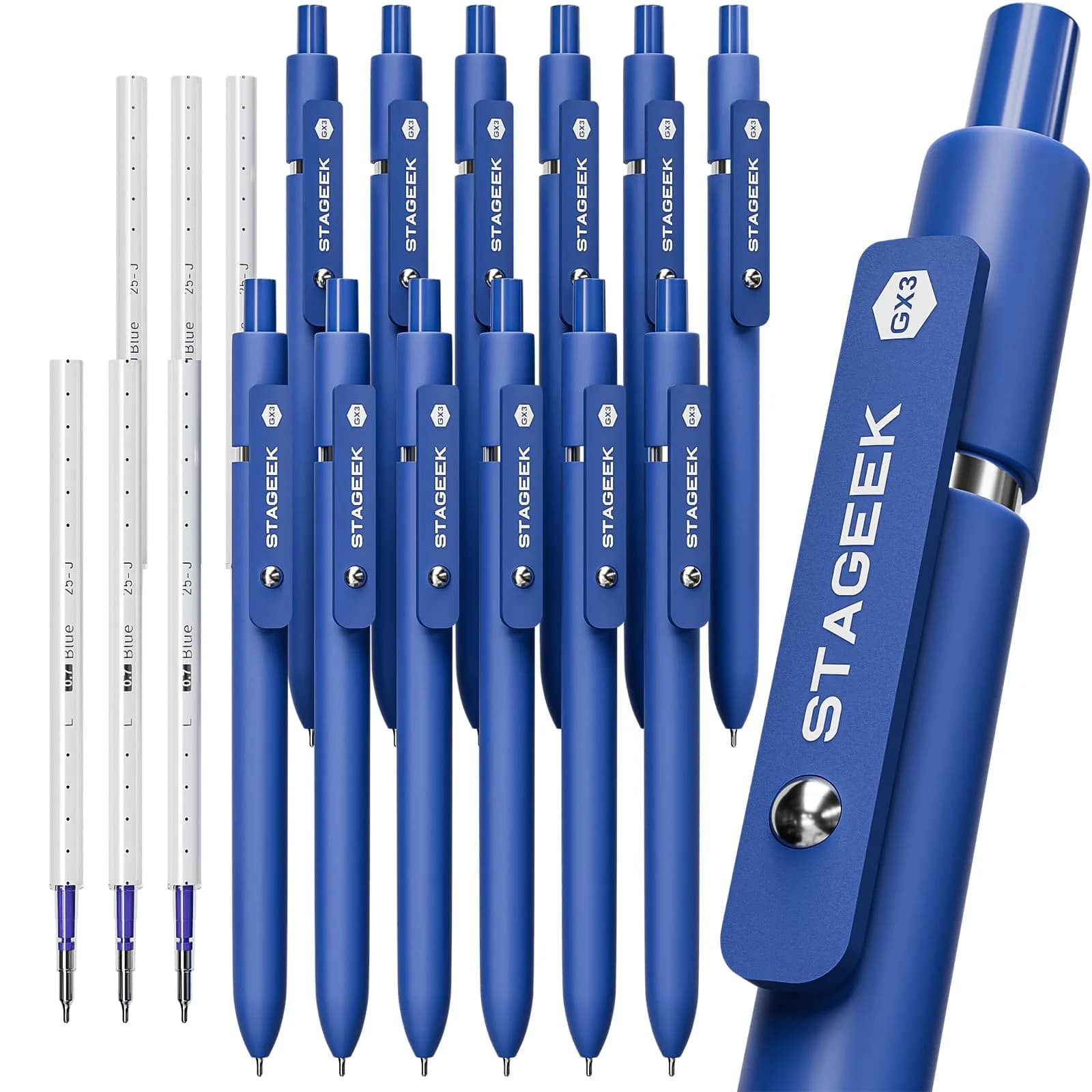 STAGEEK GX3 Black Gel Pens 0.7mm (6 Pens + 3 Refills) | Smooth Writing, Quick Dry, Soft Grip — 12Pcs Blue